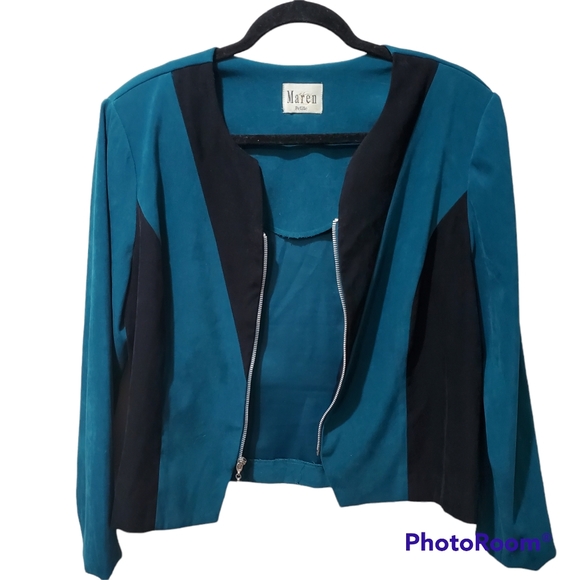 VTG Maren Petite Color block Teal & Black Suede Blazer Jacket Size 14P Retro - Picture 2 of 8